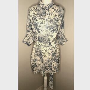 Sunday Up Floral Belted Shirt Dress Medium Blue White Romantic Dress
